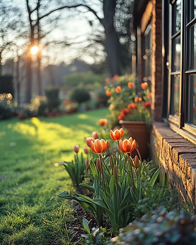 Des tulipes orangées plantées près d'une maison au coucher du soleil.