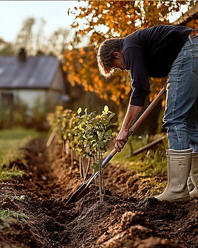 Personne plantant des arbustes en automne dans un jardin.