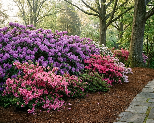Massif de rhododendrons roses et violets en pleine floraison dans un jardin à terre acide