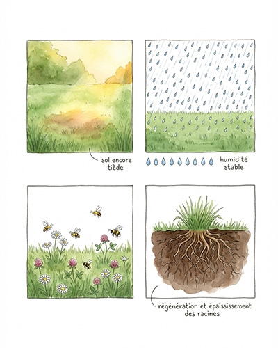 Illustration sur l'entretien du gazon avec des étapes de fertilisation organique en automne.