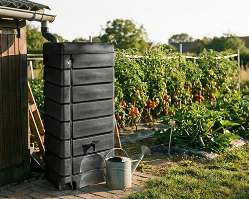 Récupérateur d'eau de pluie noir contre un cabanon en bois, avec un arrosoir, dans un jardin potager.