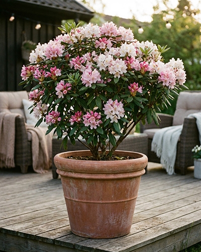 Rhododendron en pot sur terrasse, abondante floraison rose et blanche.