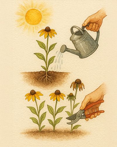 Infographie montrant les bons gestes à appliquer pour soigner et entretenir le Rudbeckia.