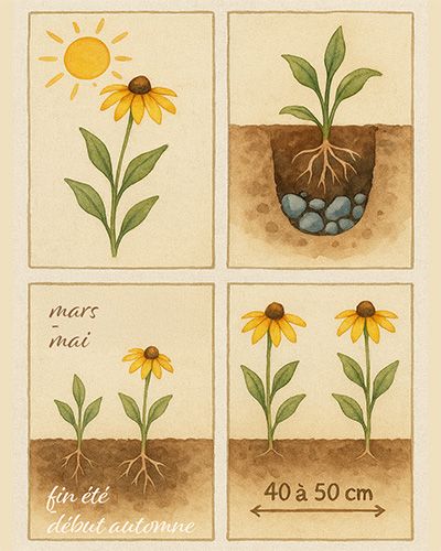 Infographie expiquant en quelques point comment planter un Rudbeckia.
