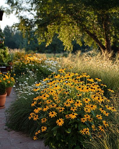 Rudbeckias jaunes épanouis parmi des graminées dans un jardin ensoleillé.