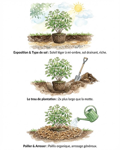 Illustration de la plantation de viburnums étape par étape avec conseils.