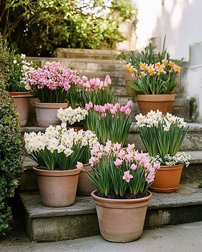 Potées de bulbes de printemps colorés sur des marches en pierre.