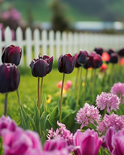 Jardin fleuri de tulipes et fleurs roses avec clôture blanche.