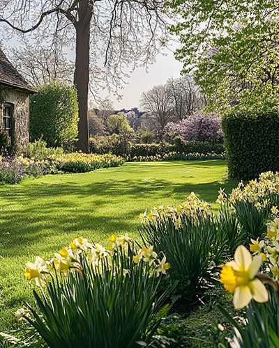 Jardin printanier avec des jonquilles en fleur sous un ciel dégagé.