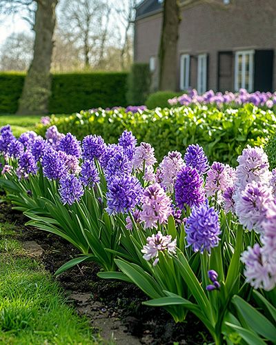 Jardin avec bulbes à floraison printanière en fleurs violettes et roses.