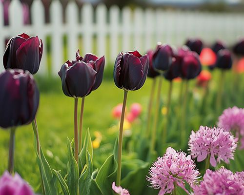 Bulbes de printemps avec tulipes, jasmins, narcisses, crocus, anémones, alliums et muscaris
