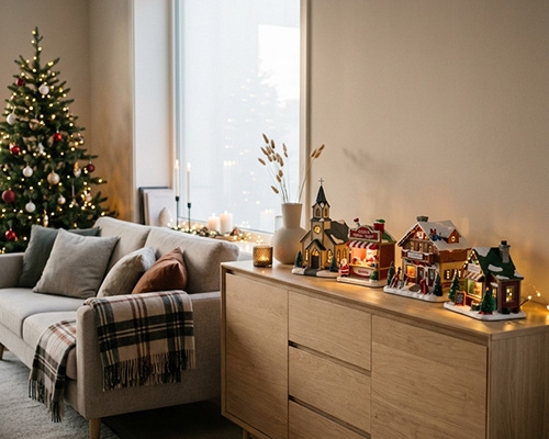 Intérieur décoré avec scènes de Noël Lemax illuminées et un sapin.