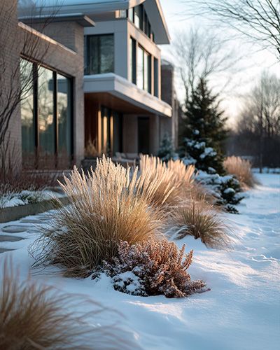 Jardin avec maison en bois et graminées ornementales devant.