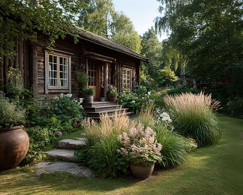 Jardin avec graminées ornementales devant une maison rustique.