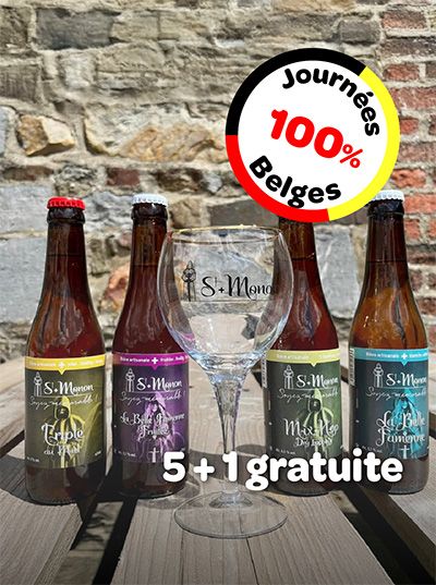 Bouteilles de bière belge avec un verre St. Monon et offre promotionnelle 5 + 1 gratuite.