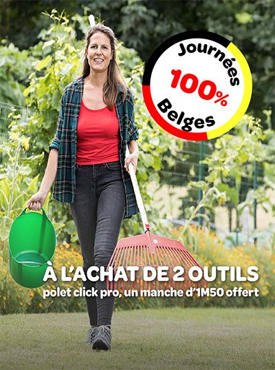 Femme souriante dans un jardin tenant des outils avec texte promotionnel pour les journées 100% Belges.