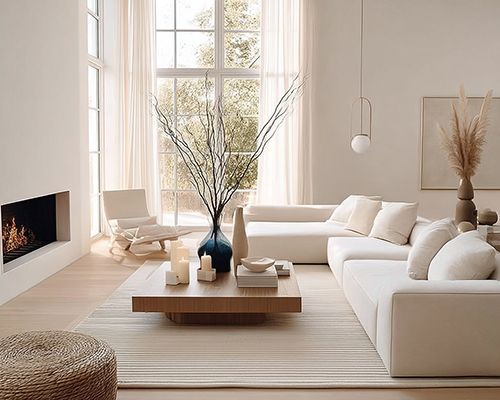 Salon moderne avec des bougies blanches sur une table basse.