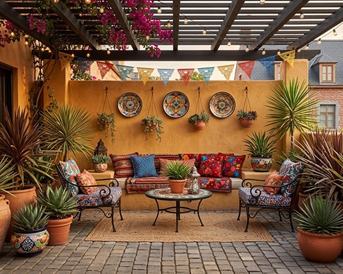 Terrasse de style mexicain avec pergola, plantes succulentes, canapé coloré et décorations murales en céramique.