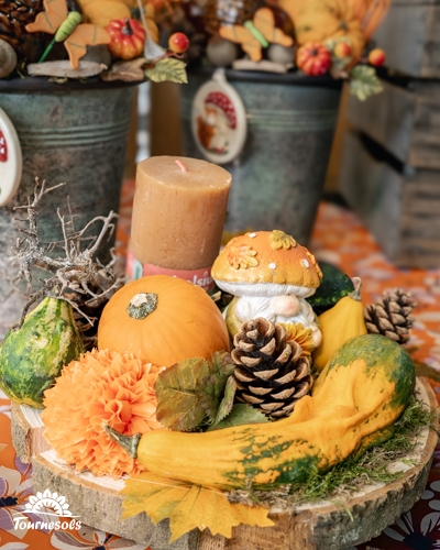 Composition automnale sur rondin de bois avec courges, pommes de pin, œillet orange, bougie et nain décoratif en jardinerie