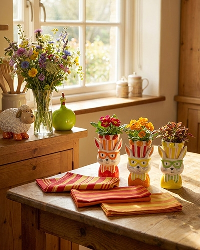 Trois cache-pots lapins colorés et fleuris sur une table rustique, avec d'autres décorations de ferme en arrière-plan.