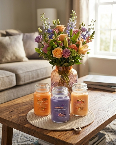 Trois bougies parfumées WoodWick avec mèches en bois posées sur une table de salon dans une ambiance cosy.