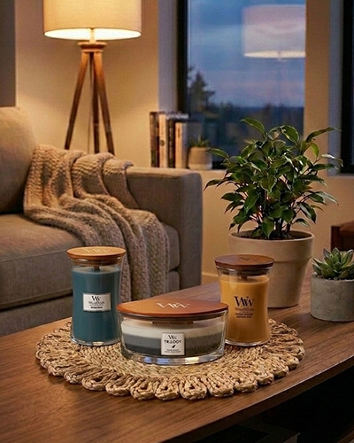 Trois bougies parfumées WoodWick avec mèches en bois posées sur une table de salon dans une ambiance cosy.