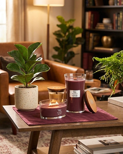 Trois bougies parfumées WoodWick avec mèches en bois posées sur une table de salon dans une ambiance cosy.