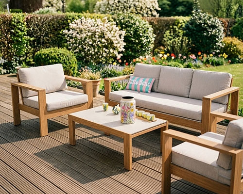 Salon de jardin en bois clair composé d'un canapé et deux fauteuils avec coussins gris, sur une terrasse en bois.