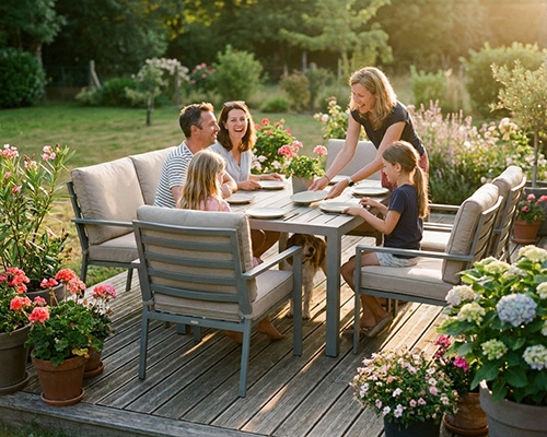 Famille réunie autour d'un ensemble de jardin moderne sur une terrasse fleurie.