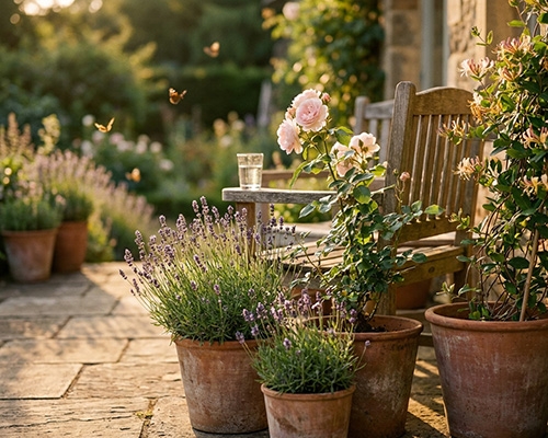 Des plantes en pot, dont de la lavande et un rosier, sur une terrasse ensoleillée avec un banc en bois et des papillons.