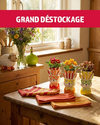 Pots lapins avec plantes, serviettes colorées et objets de décoration rustique sur une table en bois, avec bandeau 'GRAND DÉSTOCKAGE'.