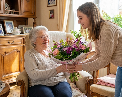 Une jeune femme offre un bouquet coloré à sa grand-mère souriante dans un salon chaleureux.
