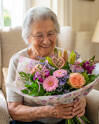 Grand-mère souriante tenant un bouquet coloré pour la fête des grands-mères 2026