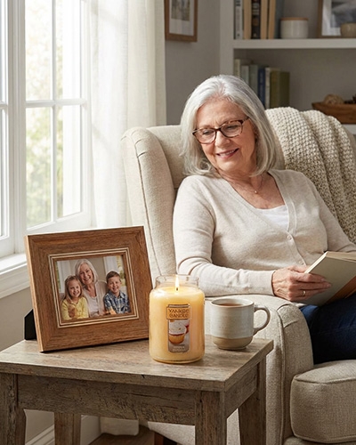 Grand-mère souriante lisant dans un fauteuil, avec photo de famille et bougie sur la table