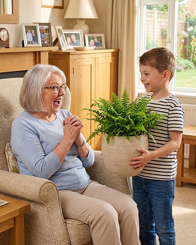 Un petit-fils offre une plante verte en pot à sa grand-mère émue dans un salon lumineux.