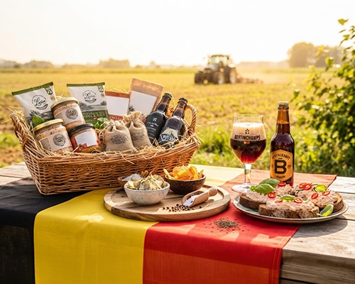 Stand de dégustation de produits du terroir belge (bières, gin, chips) dans une jardinerie animée avec des clients.