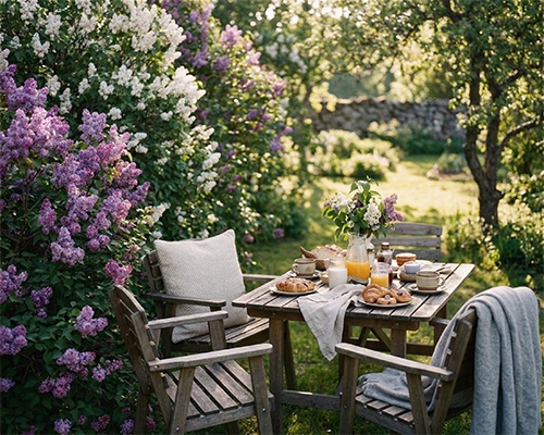 Table de jardin au milieu de lilas en fleurs, ambiance printanière en jardinerie
