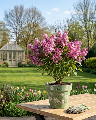 Lilas nain Syringa ‘Little Pixie’ en pot fleuri, installé sur une table au jardin printanier