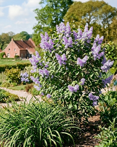 Syringa Red Pixie en fleurs mauves dans un jardin champêtre au printemps
