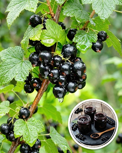 Groseilles noires mûres en grappes sur branche, avec pots de confiture en médaillon