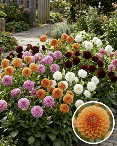 Mix de dahlias pompon orange, roses, blancs et rouges en massif au jardin pour l'été