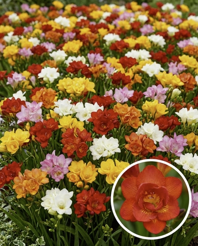 Freesias doubles en mélange multicolore en massif, idéal pour la promo bulbes d'été -30%