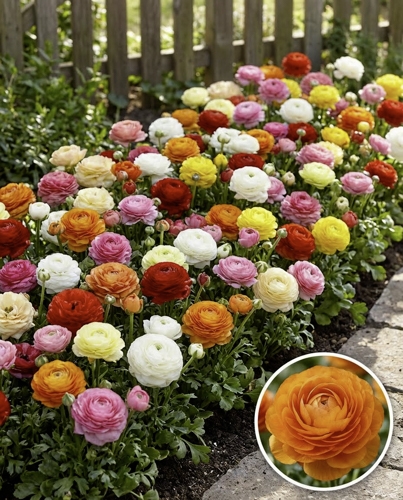 Massif de renoncules multicolores en fleurs, idéal pour profiter de la promo bulbes d’été -30%
