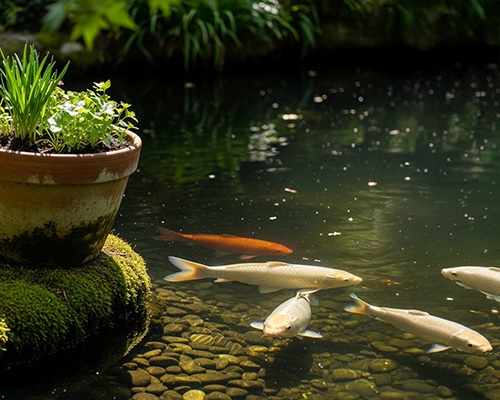 Carpes koï nageant dans un bassin d’étang près d’une berge végétalisée
