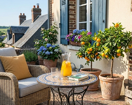 Terrasse ensoleillée aménagée avec des orangers en pots chargés de fruits, une table en mosaïque et un fauteuil en osier.