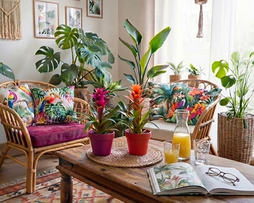 Broméliacées Guzmania colorées sur une table basse dans un salon à la décoration tropicale et bohème.