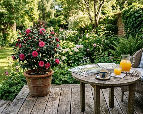 Terrasse en bois avec un camélia rose en pot, une table, des magazines et un petit-déjeuner au soleil levant.