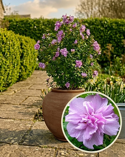 Hibiscus Syr. Hardens, d'une jolie couleur rose mauve, robuste et à la floraison bien fournie.
