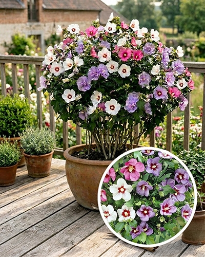 Hibiscus tricolore, aux fleurs blanches, rose et mauves dans une seule composition