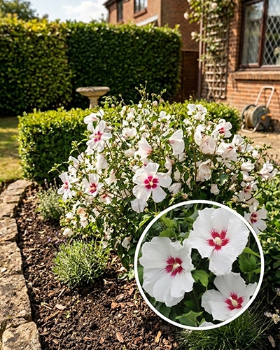 Hibiscus syriacus shintaeyang de couleur blanche avec un centre rouge.